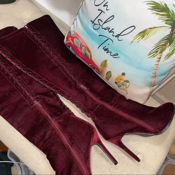 Ashley Stewart Burgundy Suede Elastic Lace Up High Boots Size 11M