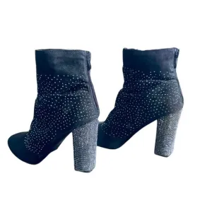 Atalina Black Suede Round Toe High Thick Heel Dress Bootie  - Size 11 ADK0108  *