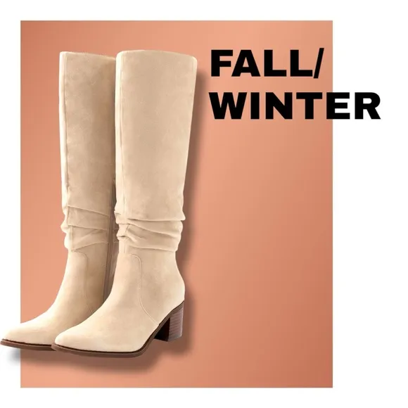 Athlefit Womens Knee High Chunky Heel Faux Suede Pointed Toe Side Zipper Boots