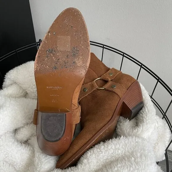 Authentic Saint Laurent Brown Suede Leather Harness Pointed Ankle Boots
