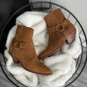 Authentic Saint Laurent Brown Suede Leather Harness Pointed Ankle Boots