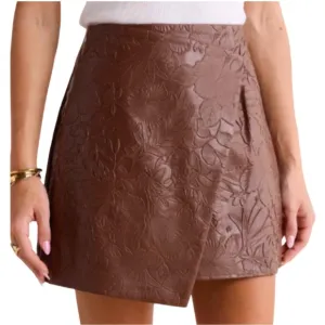 Avara Parker Chocolate Brown Faux Leather Floral Embossed Wrap Mini Skort NWT M