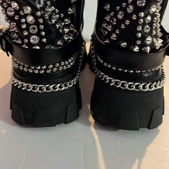 Azalea Wang black boots w/silver chains, faux rhinestones and studs, size 9 / 40