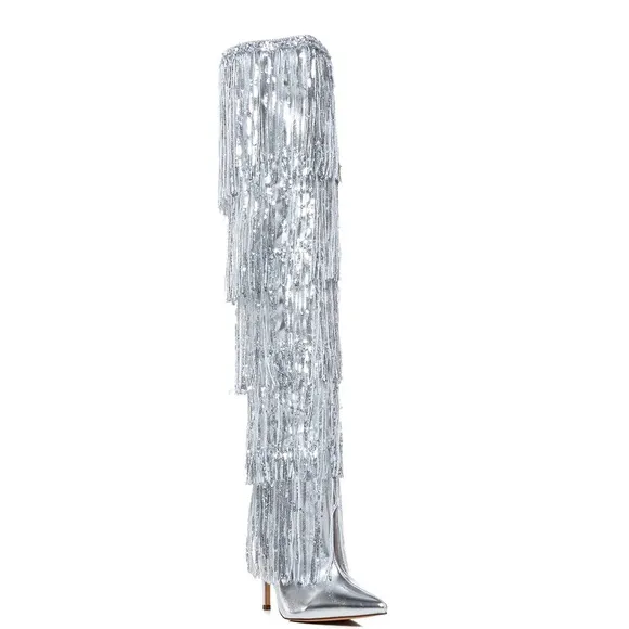 AZALEA WANG Metallic Silver Sequin Fringe Knee High Boots