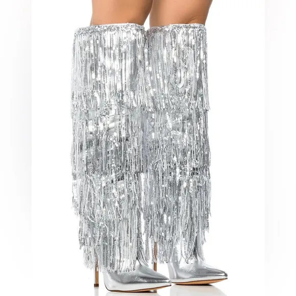AZALEA WANG Metallic Silver Sequin Fringe Knee High Boots