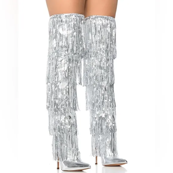 AZALEA WANG Metallic Silver Sequin Fringe Knee High Boots