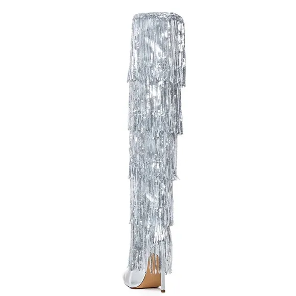 AZALEA WANG Metallic Silver Sequin Fringe Knee High Boots