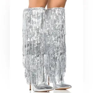 AZALEA WANG Metallic Silver Sequin Fringe Knee High Boots