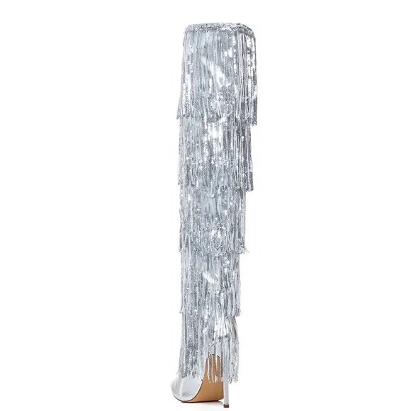 AZALEA WANG Metallic Silver Sequin Fringe Over The Knee Boots