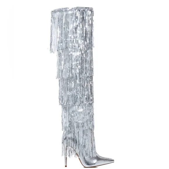 AZALEA WANG Metallic Silver Sequin Fringe Over The Knee Boots