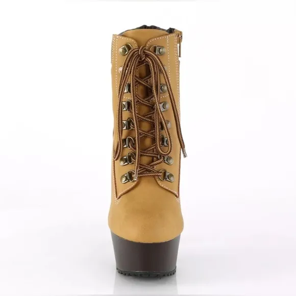 🦋B2G1🦋PLEASER Tan Nubuck Faux Leather Brown Lace Up Platform Stiletto Boots