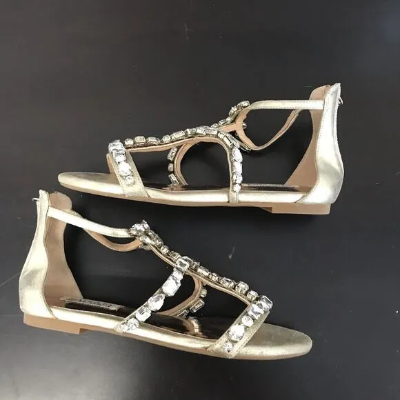 Badgley Mischka Gold Metallic Leather Crystal Jeweled Flat Sandal Shoes Women 5