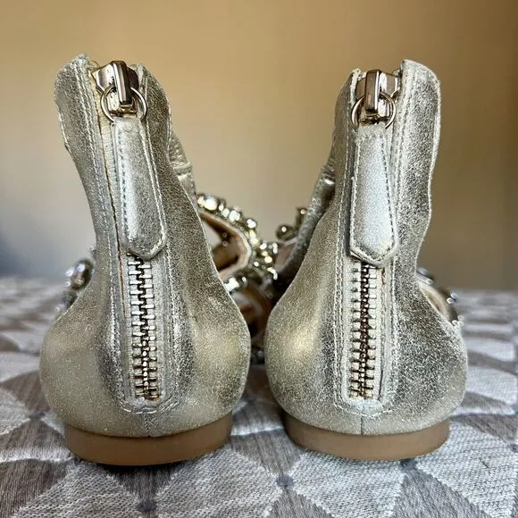 Badgley Mischka Gold Metallic Leather Crystal Jeweled Flat Sandal Shoes Women 5
