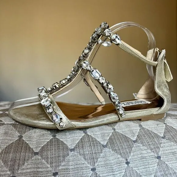 Badgley Mischka Gold Metallic Leather Crystal Jeweled Flat Sandal Shoes Women 5