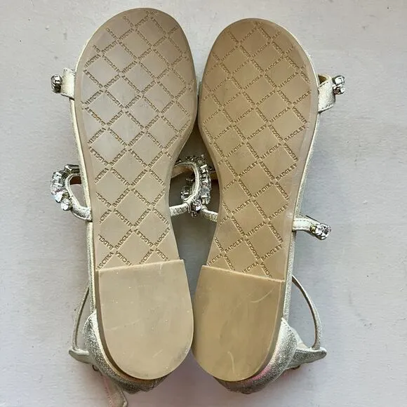 Badgley Mischka Gold Metallic Leather Crystal Jeweled Flat Sandal Shoes Women 5