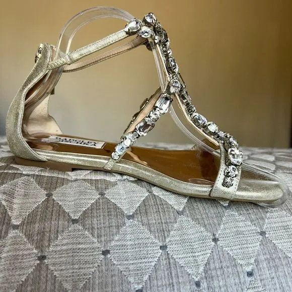 Badgley Mischka Gold Metallic Leather Crystal Jeweled Flat Sandal Shoes Women 5