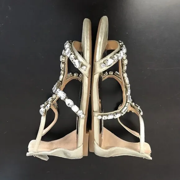 Badgley Mischka Gold Metallic Leather Crystal Jeweled Flat Sandal Shoes Women 5