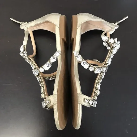 Badgley Mischka Gold Metallic Leather Crystal Jeweled Flat Sandal Shoes Women 5