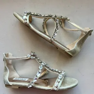 Badgley Mischka Gold Metallic Leather Crystal Jeweled Flat Sandal Shoes Women 5