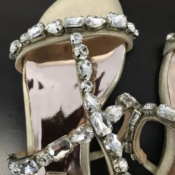 Badgley Mischka Gold Metallic Leather Crystal Jeweled Flat Sandal Shoes Women 5
