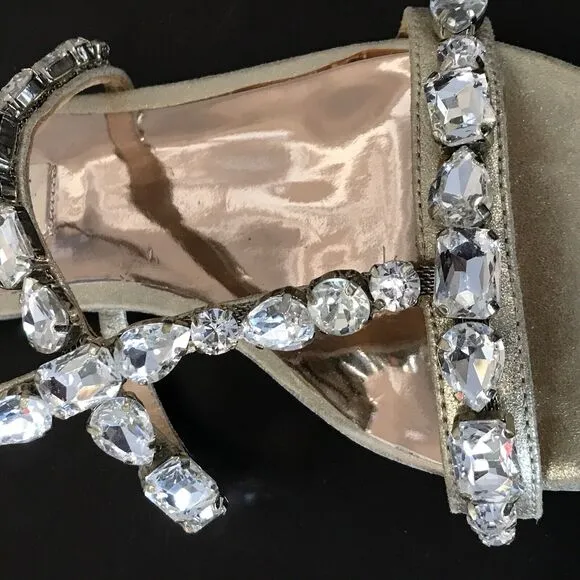 Badgley Mischka Gold Metallic Leather Crystal Jeweled Flat Sandal Shoes Women 5