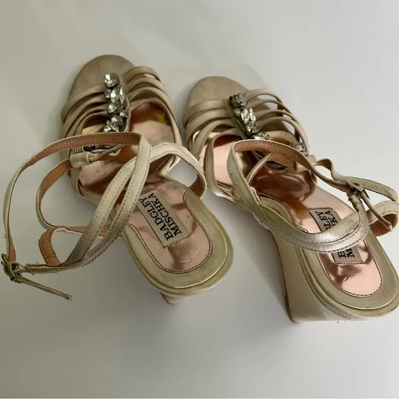 Badgley Mischka Kole TStrap Jewel Embellished Wedge Sandals Gold Metallic