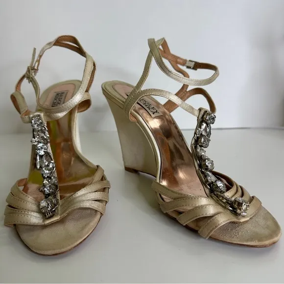 Badgley Mischka Kole TStrap Jewel Embellished Wedge Sandals Gold Metallic