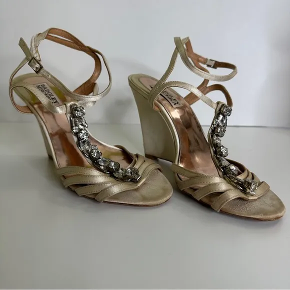 Badgley Mischka Kole TStrap Jewel Embellished Wedge Sandals Gold Metallic