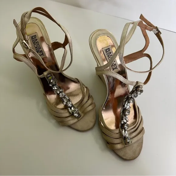 Badgley Mischka Kole TStrap Jewel Embellished Wedge Sandals Gold Metallic