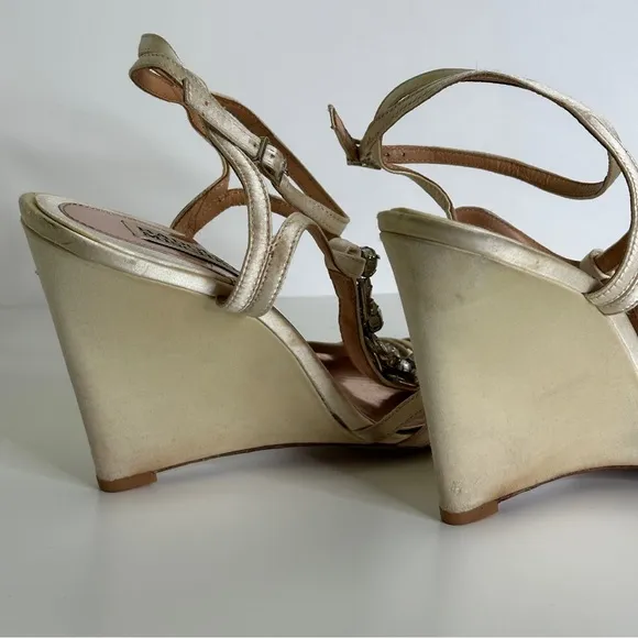 Badgley Mischka Kole TStrap Jewel Embellished Wedge Sandals Gold Metallic