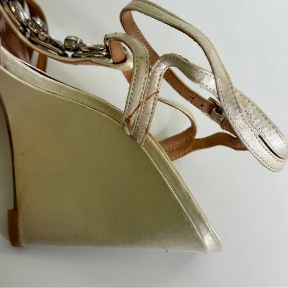 Badgley Mischka Kole TStrap Jewel Embellished Wedge Sandals Gold Metallic