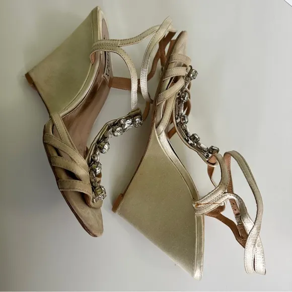 Badgley Mischka Kole TStrap Jewel Embellished Wedge Sandals Gold Metallic