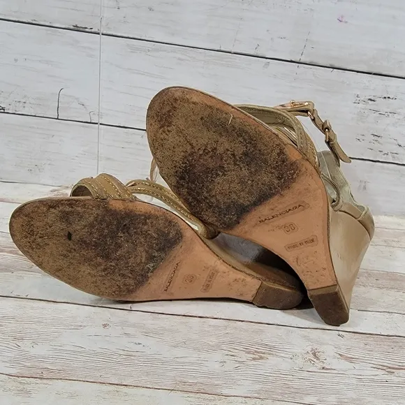 Balenciaga tan patent wedge sandals with rose gold hardware