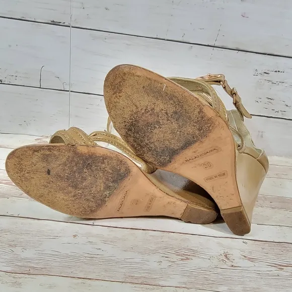 Balenciaga tan patent wedge sandals with rose gold hardware