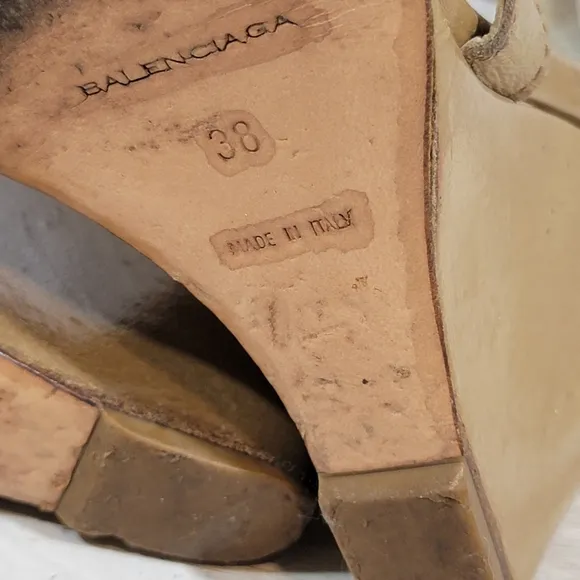 Balenciaga tan patent wedge sandals with rose gold hardware