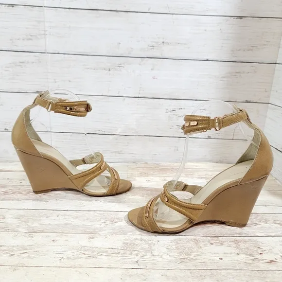 Balenciaga tan patent wedge sandals with rose gold hardware