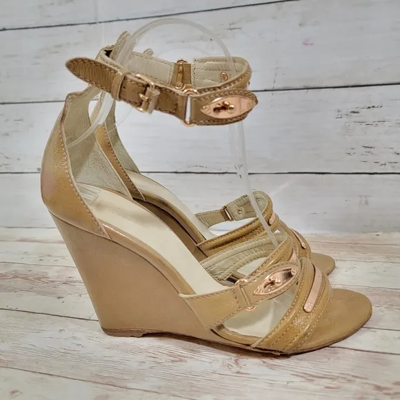 Balenciaga tan patent wedge sandals with rose gold hardware
