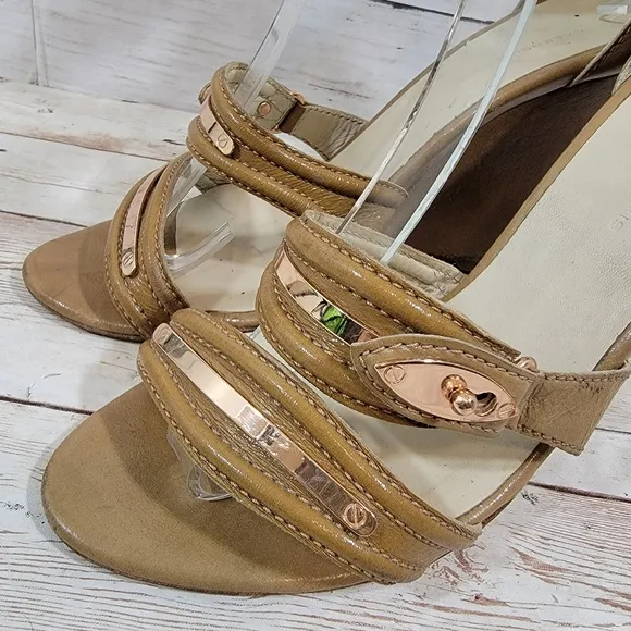 Balenciaga tan patent wedge sandals with rose gold hardware