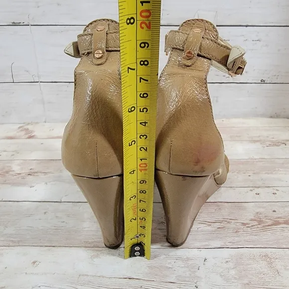 Balenciaga tan patent wedge sandals with rose gold hardware