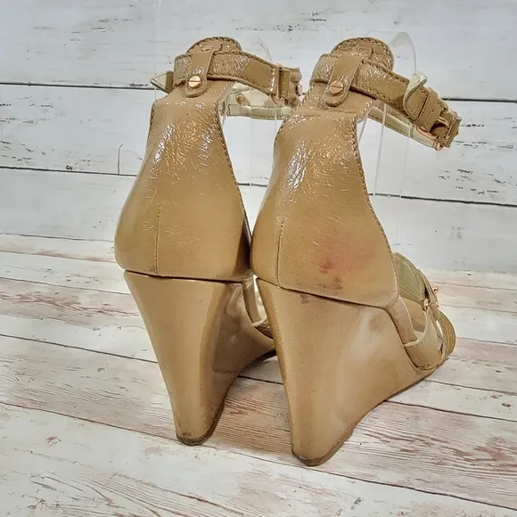 Balenciaga tan patent wedge sandals with rose gold hardware