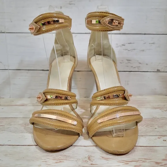 Balenciaga tan patent wedge sandals with rose gold hardware
