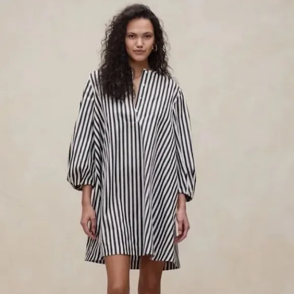 Banana Republic NWOT Poplin LanternSleeve Swing Mini Dress Black/White Stripe XS