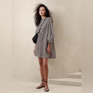 Banana Republic NWOT Poplin LanternSleeve Swing Mini Dress Black/White Stripe XS