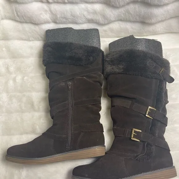 Bare Traps leather suede Brown knee high boots with faux fur lining size7.5M