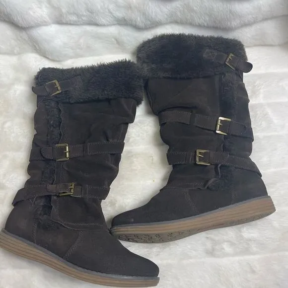 Bare Traps leather suede Brown knee high boots with faux fur lining size7.5M