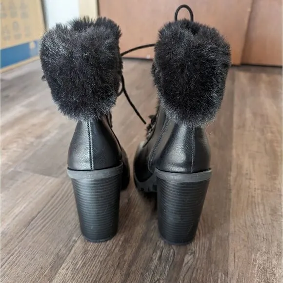 BCBGeneration Women's Black Faux Fur Lace Up Heeled Boots Size 7.5