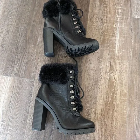 BCBGeneration Women's Black Faux Fur Lace Up Heeled Boots Size 7.5