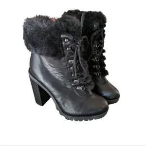 BCBGeneration Women's Black Faux Fur Lace Up Heeled Boots Size 7.5