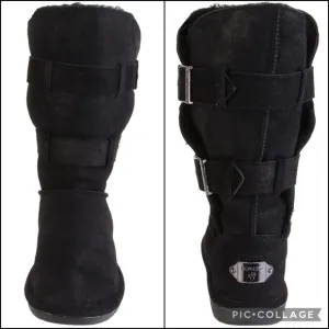 BearPaw Black Sheepskin Suede Leather Lace-Up Mid-Length Tall Shearling Boots