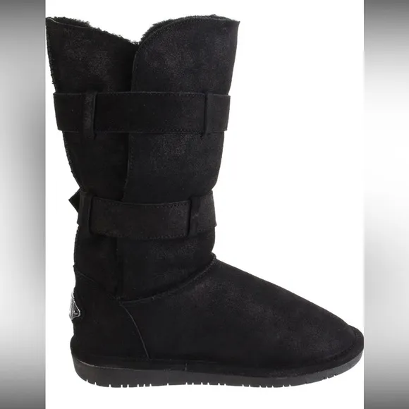 BearPaw Black Sheepskin Suede Leather Lace-Up Mid-Length Tall Shearling Boots